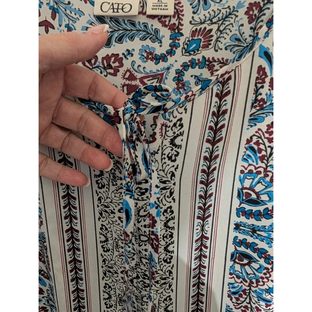 Cato Womens XL Paisley Floral Bell Sleeve Blouse Blue Burgundy Tie Neck Top
